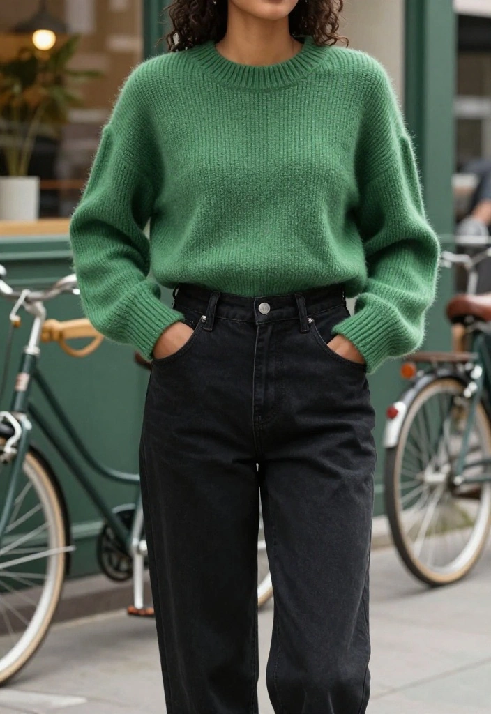 15 Black and Green Outfit Ideas That Don't Look Halloween - 2. Casual Black Jeans with a Green Sweater 1