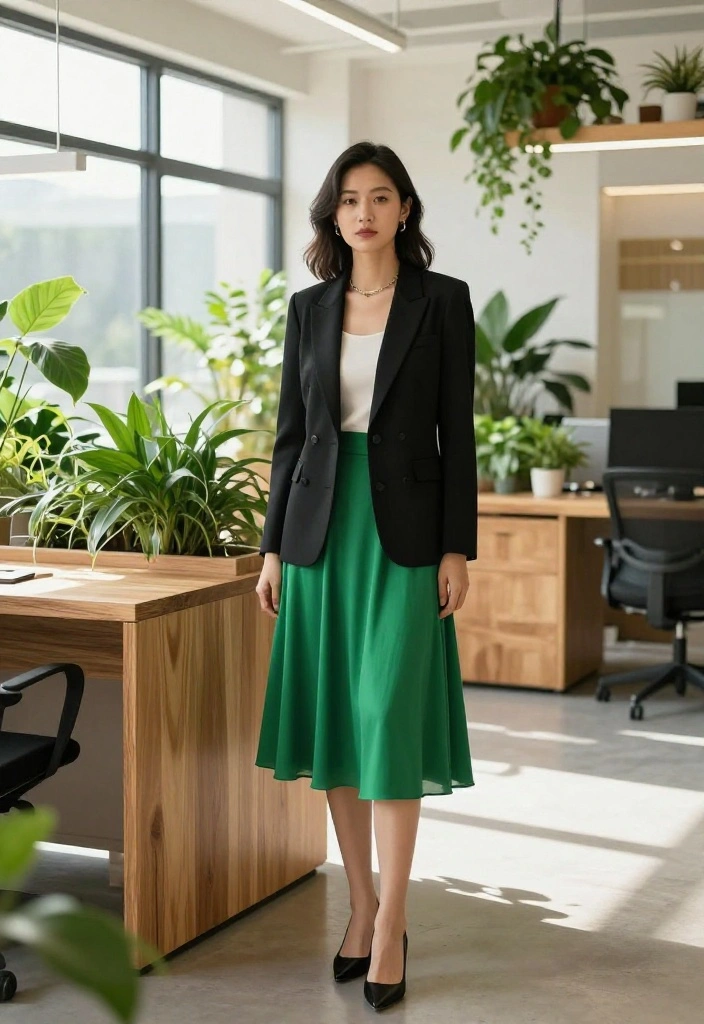 15 Black and Green Outfit Ideas That Don't Look Halloween - 3. Green Skirt with a Black Blazer 1