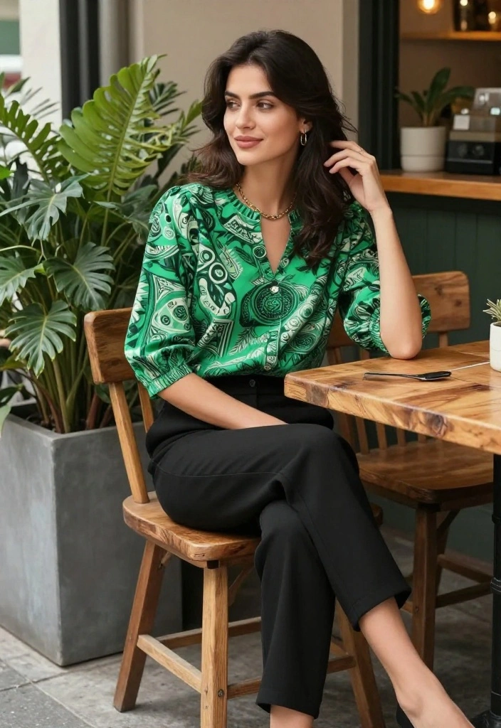 15 Black and Green Outfit Ideas That Don't Look Halloween - 4. Black Trousers with a Green Print Top 1