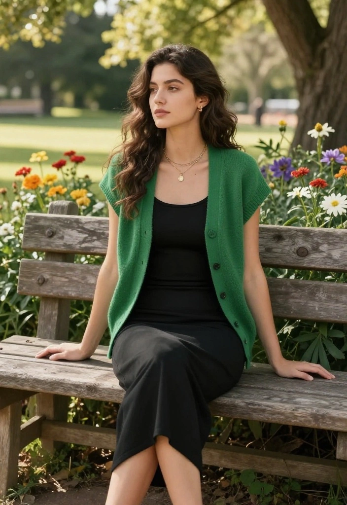 15 Black and Green Outfit Ideas That Don't Look Halloween - 6. Layered Black Dress with a Green Cardigan 1