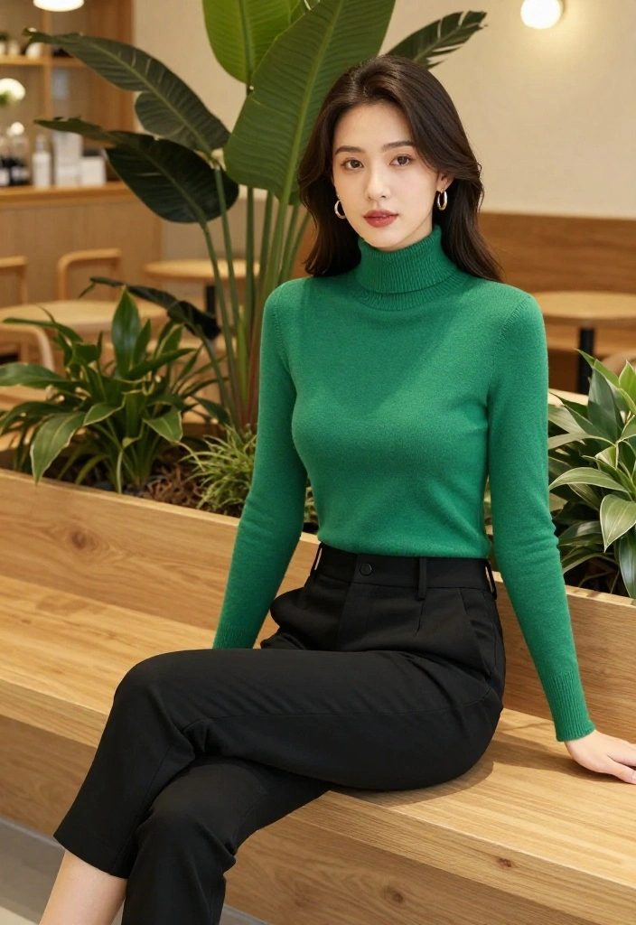 15 Black and Green Outfit Ideas That Don't Look Halloween - 8. Black Culottes with a Green Turtleneck 1