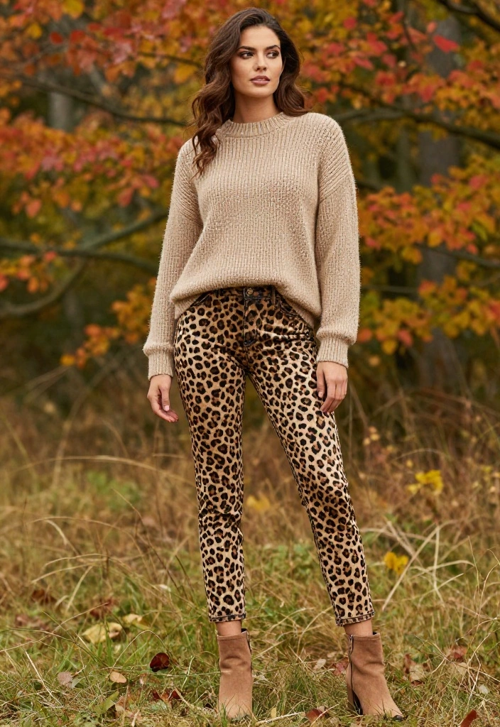 15 Cheetah Jeans Outfit Ideas That Aren't Too Bold for Everyday - 14. Earthy Tone Sweater with Cheetah Jeans 1