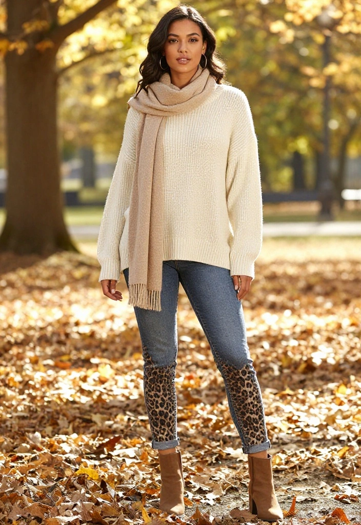 15 Cheetah Jeans Outfit Ideas That Aren't Too Bold for Everyday - 2. Cozy Knit Sweater with Cheetah Jeans 1
