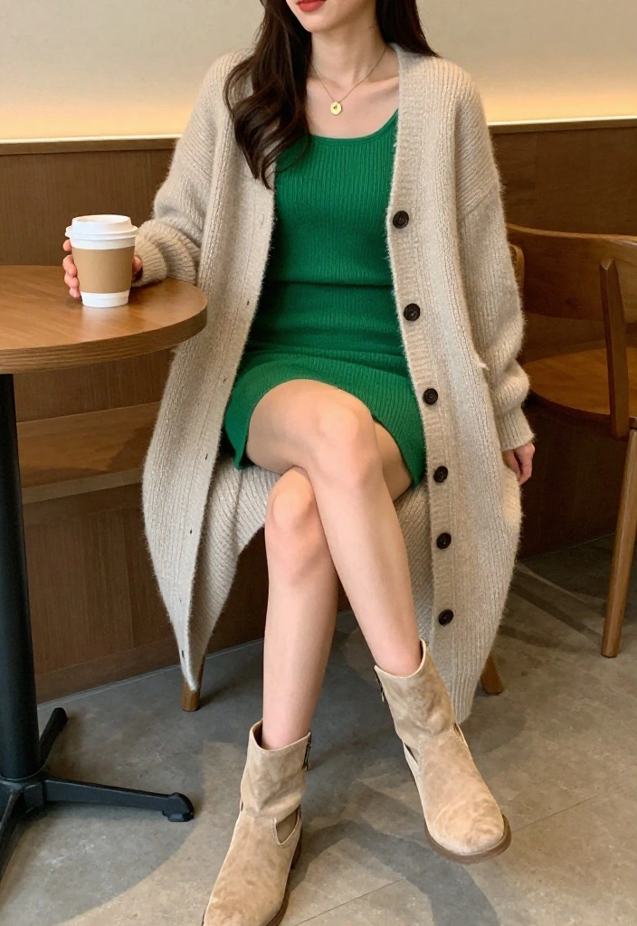 15 Green Mini Skirt Outfit Ideas That Work Year-Round - 10. Layered Look with a Long Cardigan 1