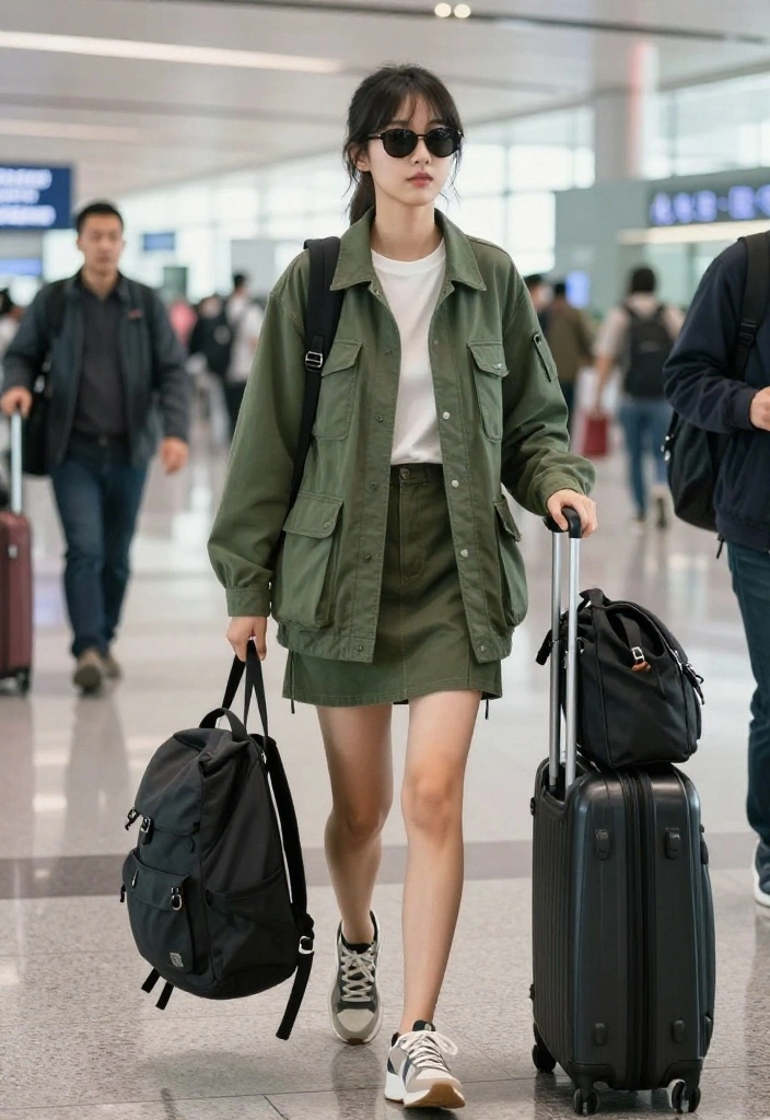 15 Green Mini Skirt Outfit Ideas That Work Year-Round - 13. Travel Ready with a Utility Jacket 1