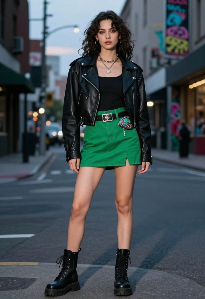 15 Green Mini Skirt Outfit Ideas That Work Year-Round - 6. Edgy Look with a Leather Jacket 1