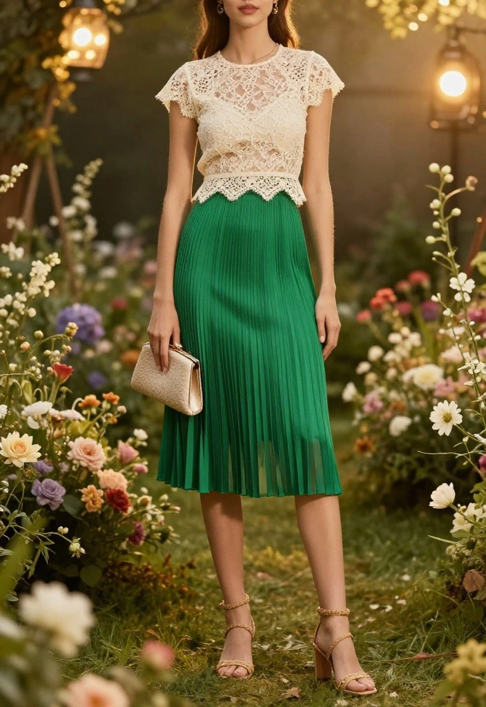 15 Green Mini Skirt Outfit Ideas That Work Year-Round - 9. Romantic with a Lace Top 1