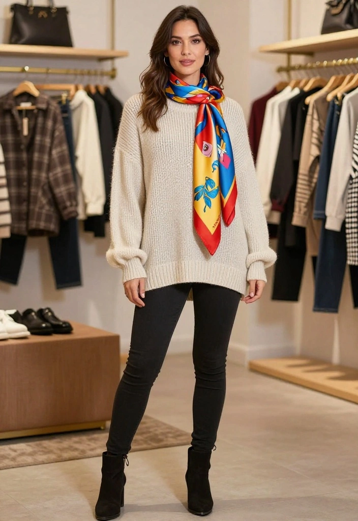 15 Oversized Sweater Outfit Ideas for Women That Don't Look Sloppy - 12. Oversized Sweater with a Silk Scarf 1