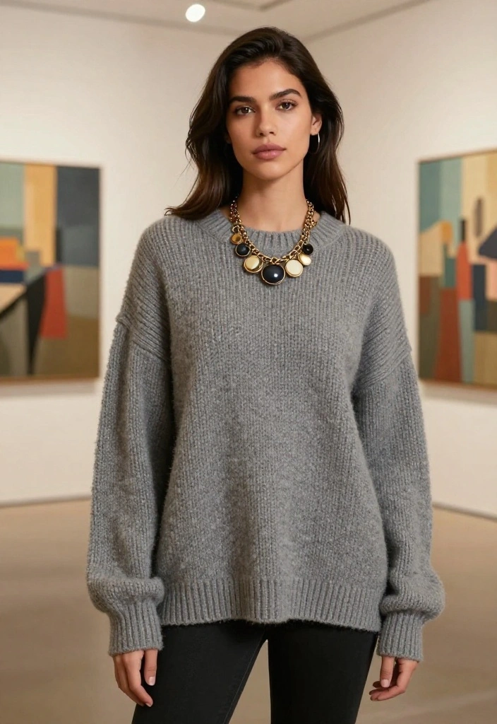 15 Oversized Sweater Outfit Ideas for Women That Don't Look Sloppy - 13. Oversized Chunky Sweater with a Statement Necklace 1