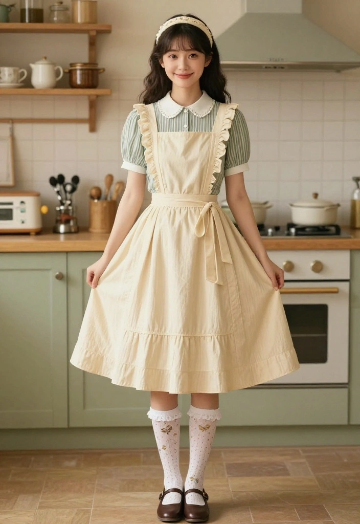 15 Vintage Stockings Ensembles for Women That Don't Look Costume-y - 12. Vintage Apron Dress with Chic Stockings 1