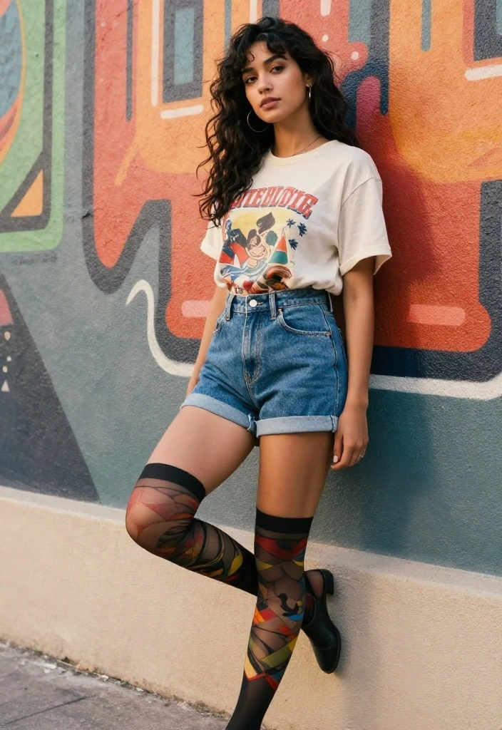 15 Vintage Stockings Ensembles for Women That Don't Look Costume-y - 8. Casual Chic: Vintage T-Shirt and Denim with Stockings 1