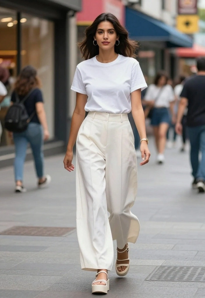 18 White T Shirt Outfit Ideas for Women That Go Beyond Basic - 17. Trendy with Wide-Leg Trousers 1