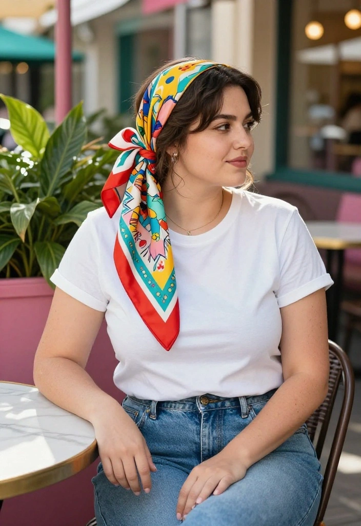 18 White T Shirt Outfit Ideas for Women That Go Beyond Basic - 5. Playful Patterns: The Printed Scarf 1