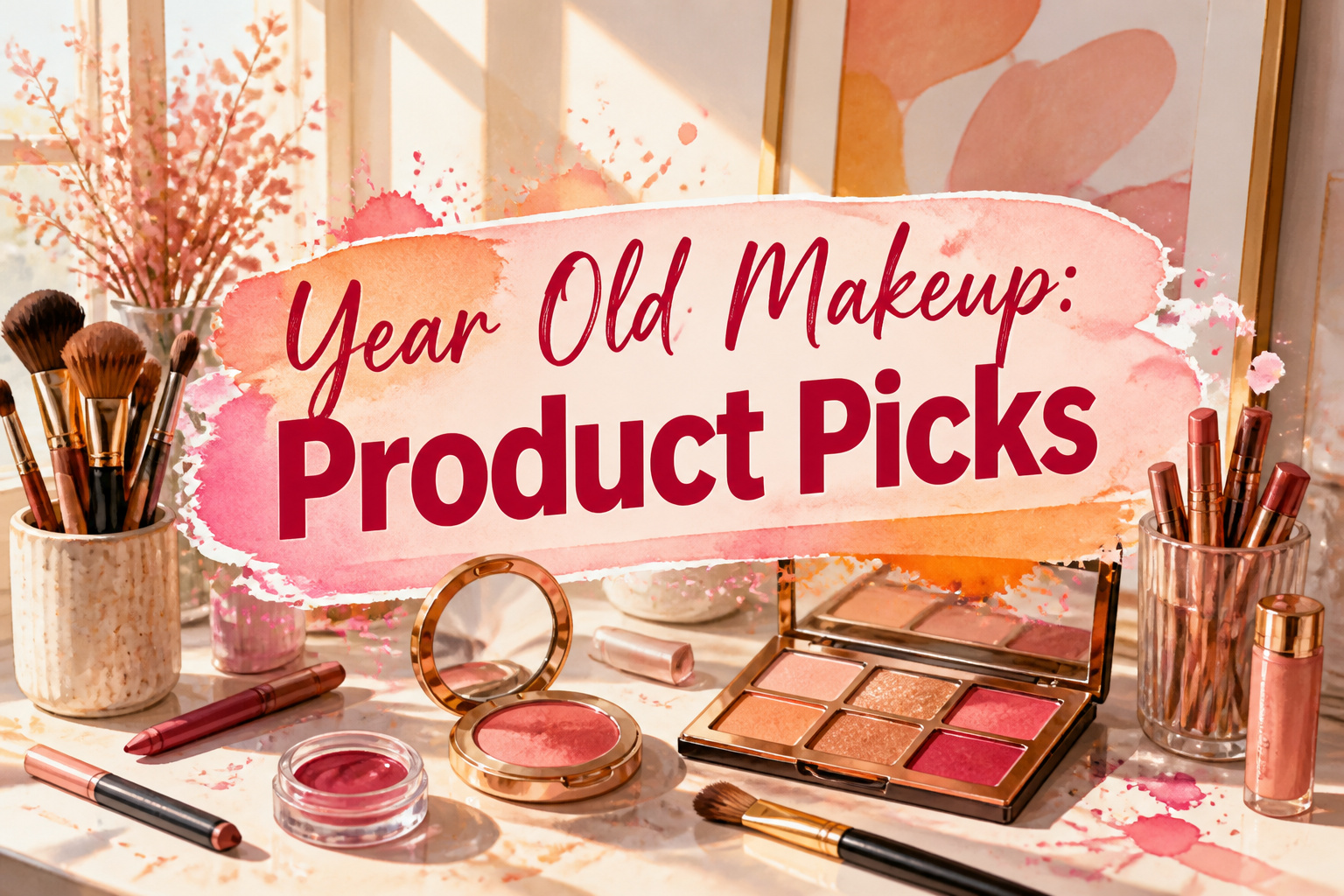 Various makeup products arranged artistically on a flat surface.