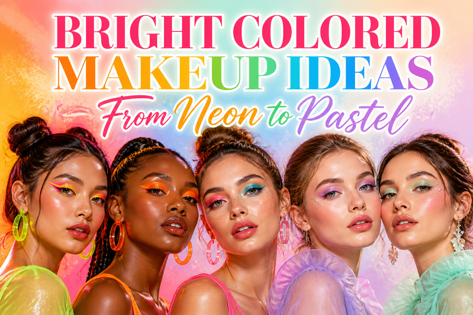 A variety of bright colored makeup products displayed together.