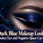 Model with dark blue smokey eye makeup.