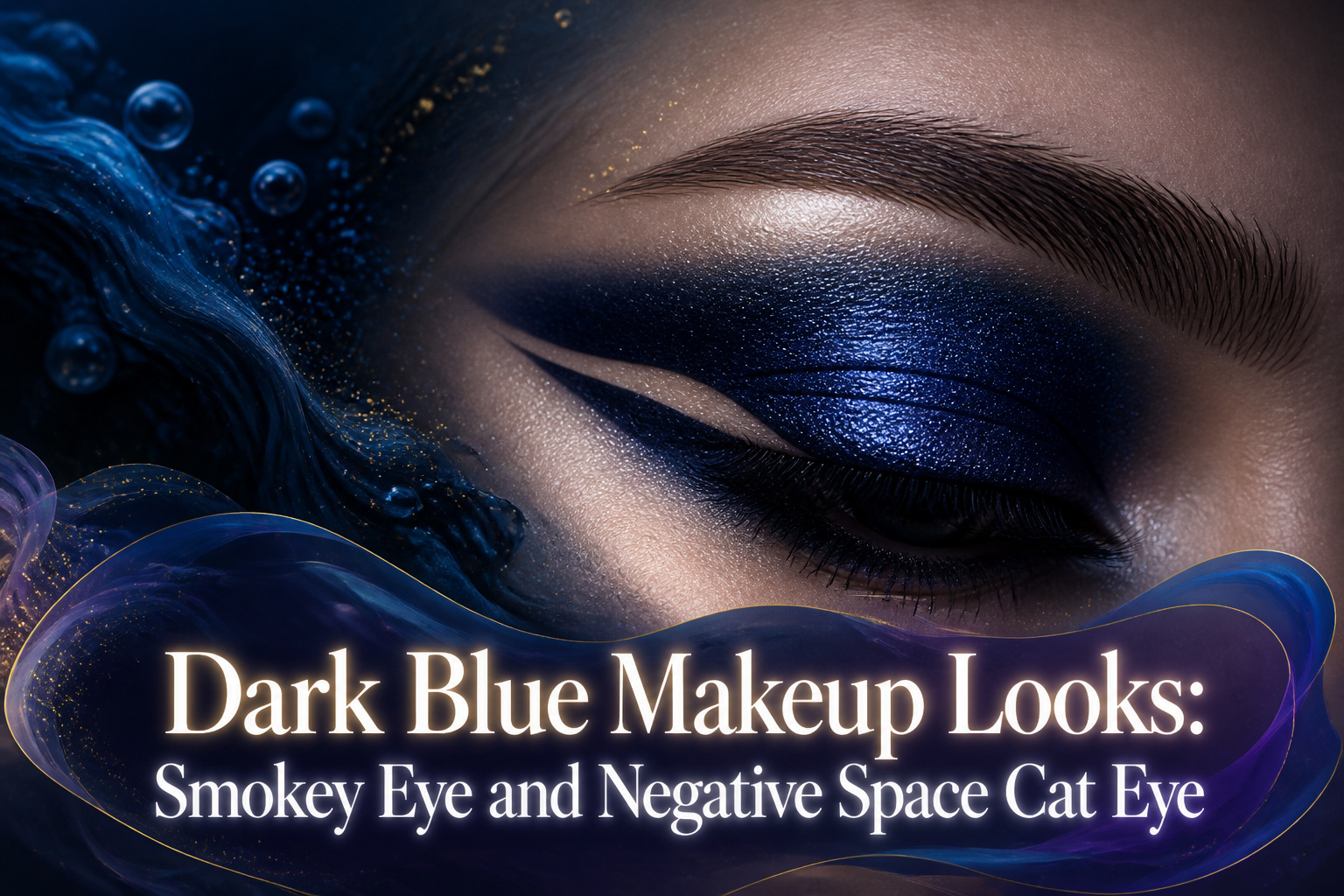 Model with dark blue smokey eye makeup.