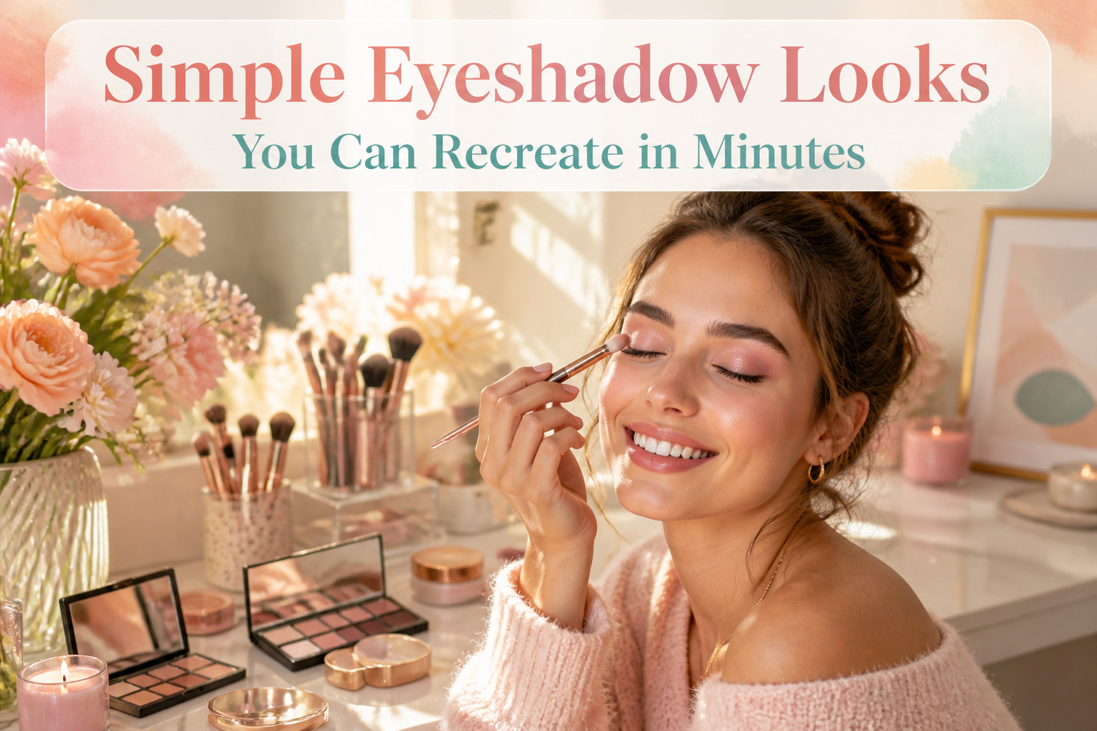 Different eyeshadow looks displayed on a makeup vanity.
