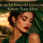 Various makeup products and an emerald green dress displayed together.