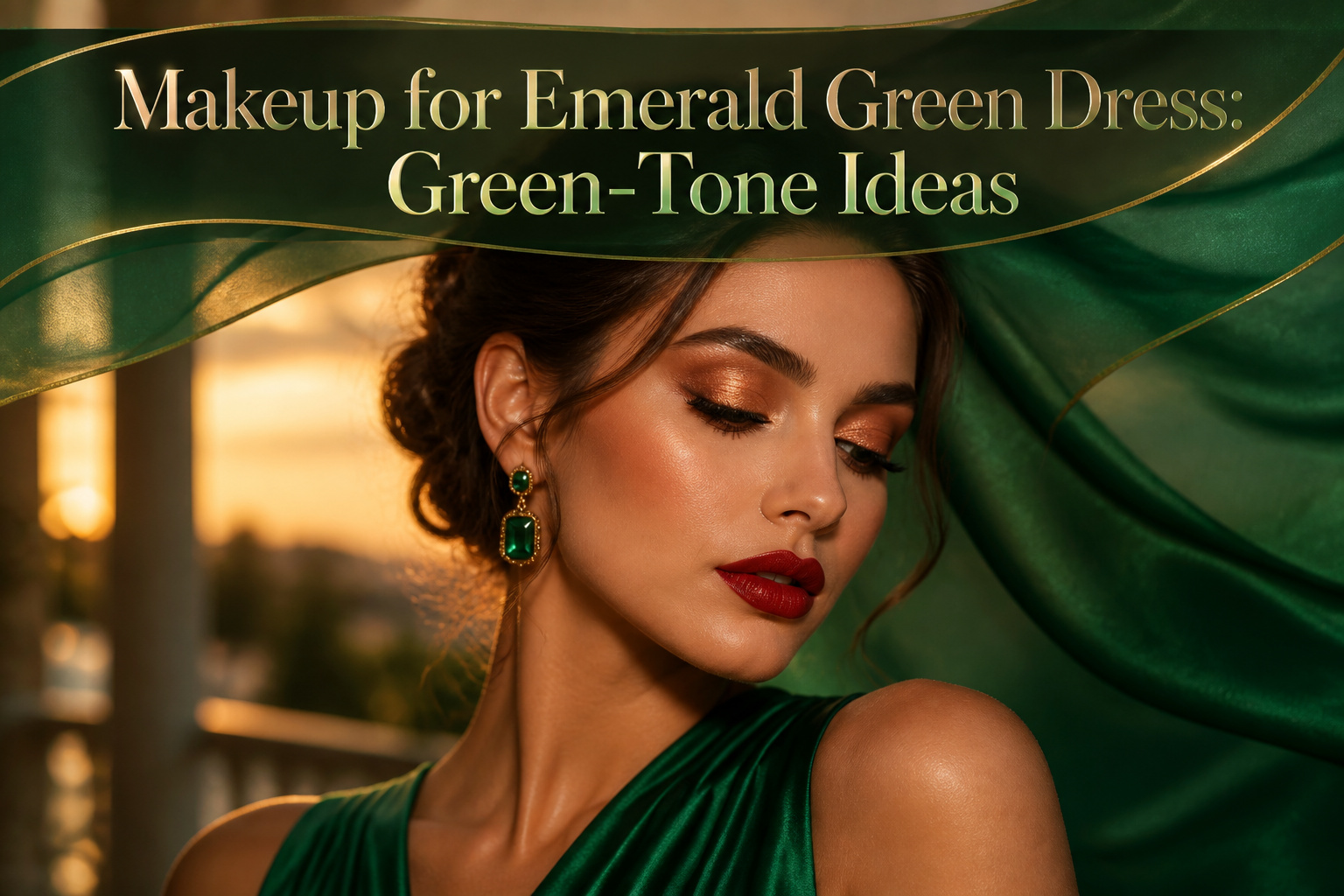 Various makeup products and an emerald green dress displayed together.