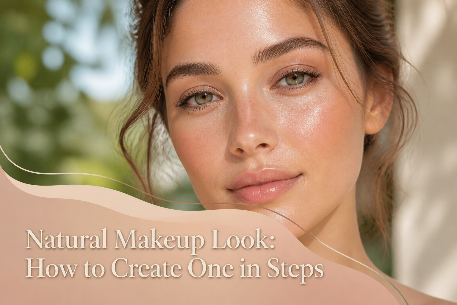 Model with radiant skin applying a natural makeup look in a soft-lit bathroom.