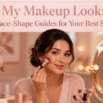 Model applying makeup in a bright bathroom with various products.