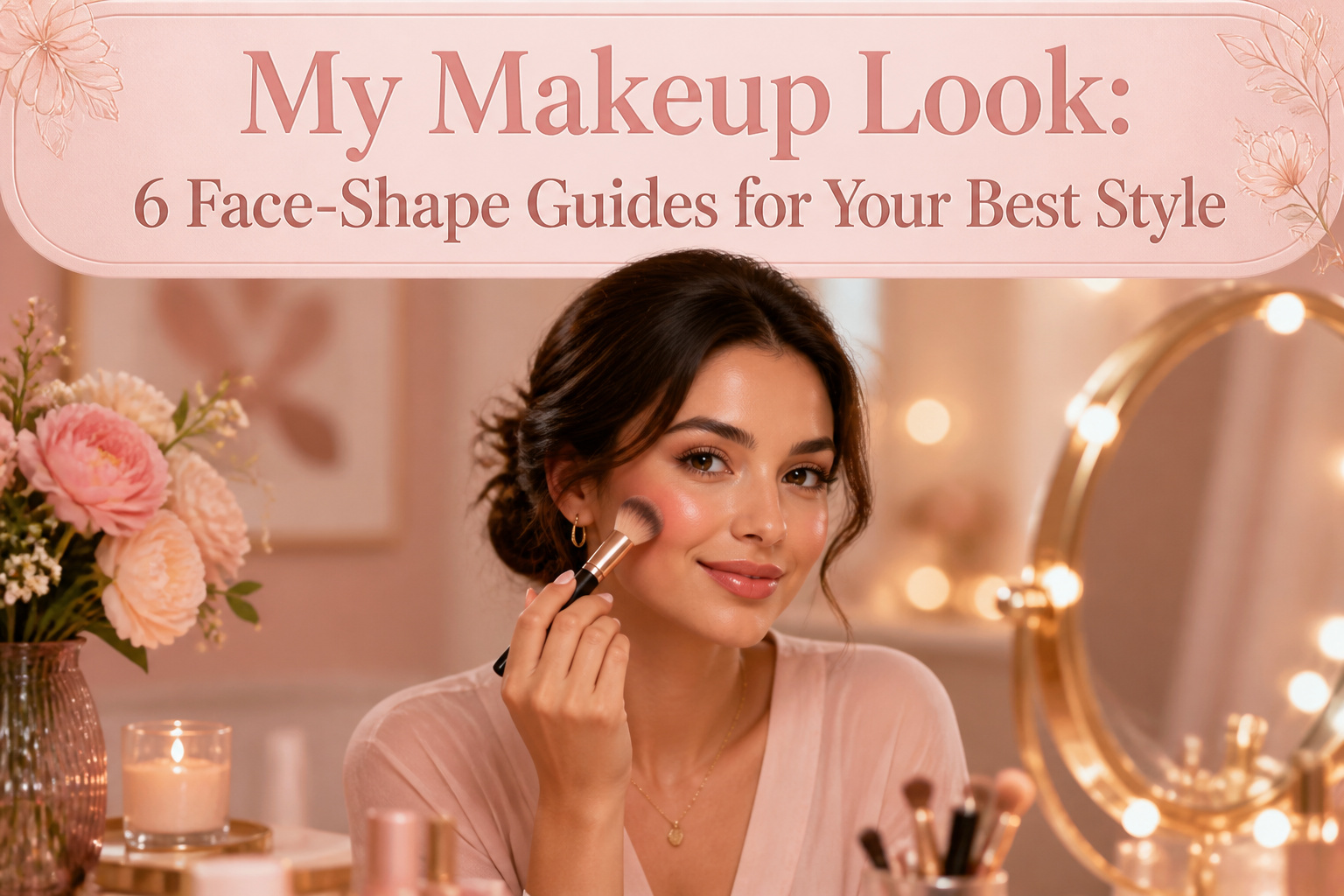 Model applying makeup in a bright bathroom with various products.