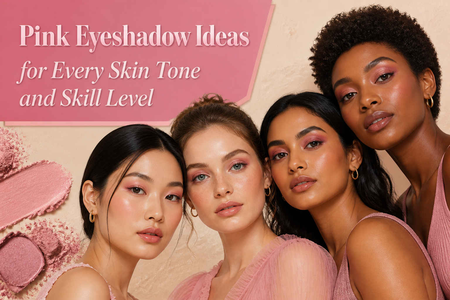 A collage of diverse models wearing various pink eyeshadow styles.