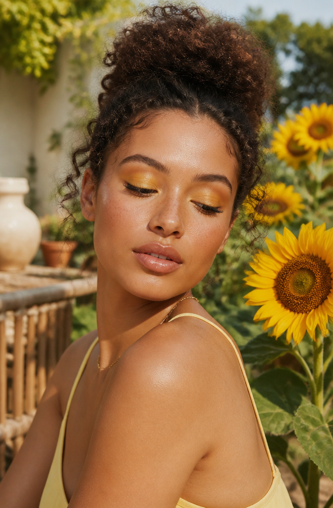 A model with yellow eye makeup showcasing a sunflower-inspired look.