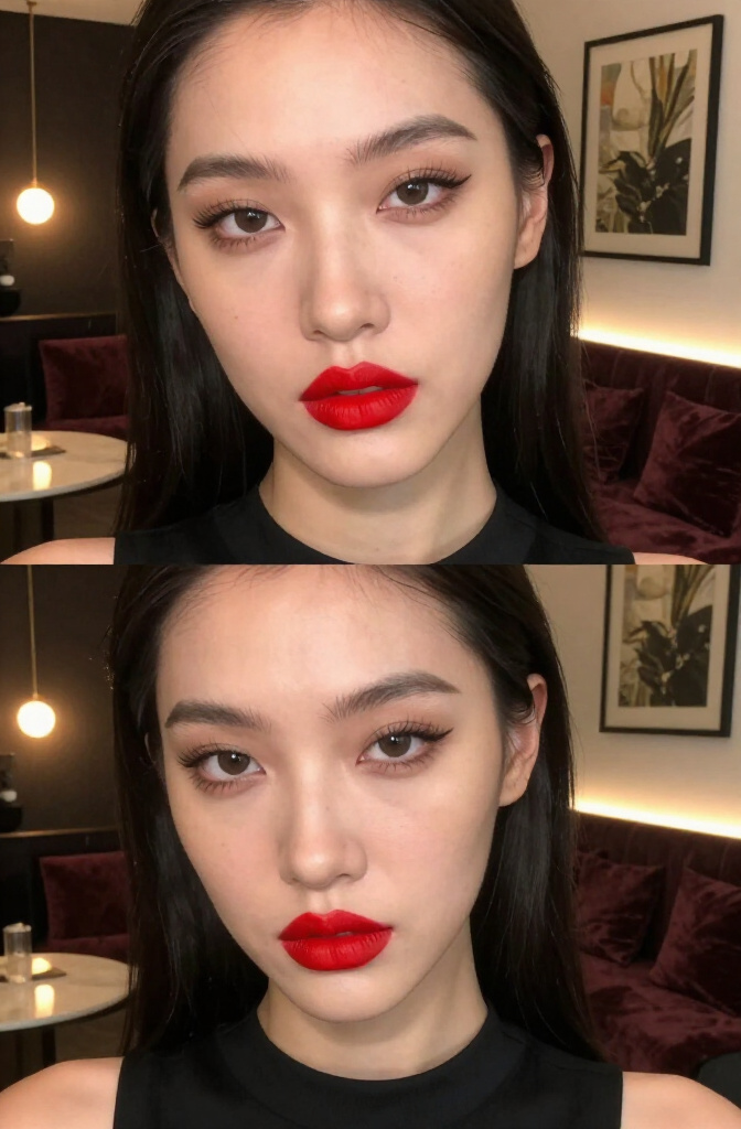 A model with bold red lips and neutral eye makeup.