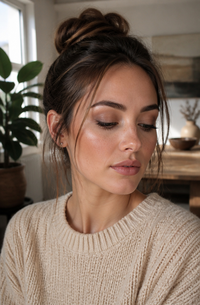 Model with blended smokey eye makeup in browns and grays.