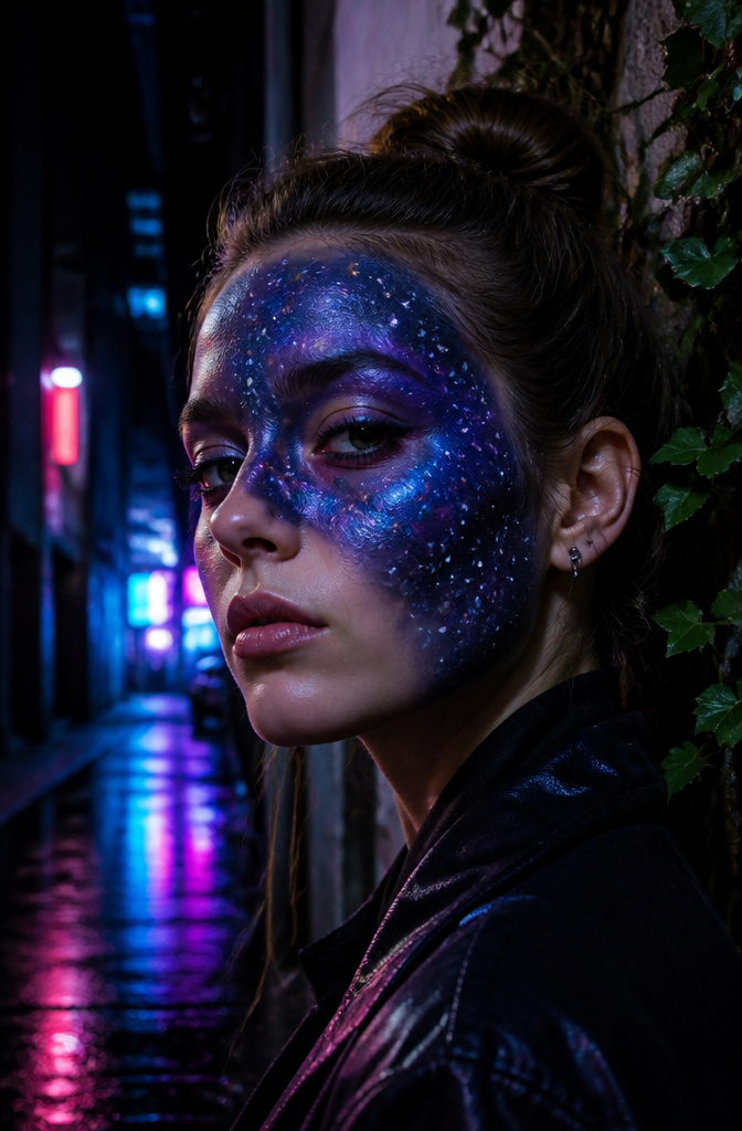 Model with galaxy-inspired makeup featuring deep colors and starry details.