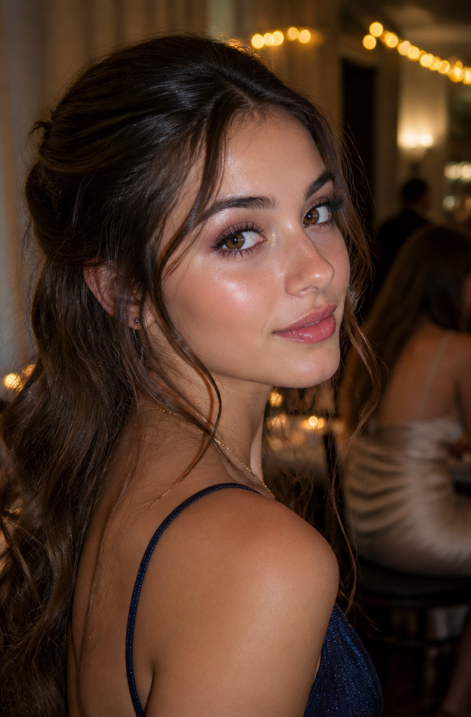A young woman with smoky eye makeup poses in a softly lit prom setting.