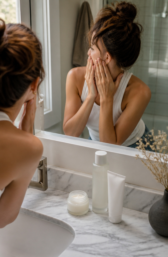 Model applying moisturizer in a softly lit bathroom.