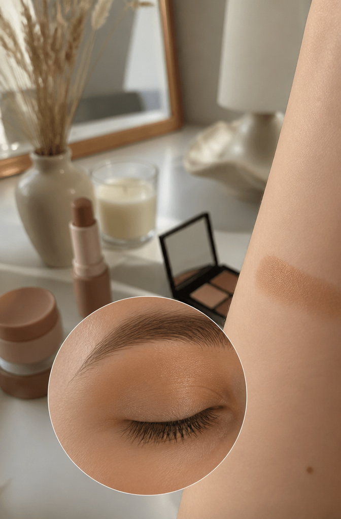 A soft beige matte eyeshadow on eyelids with a blurred makeup vanity.