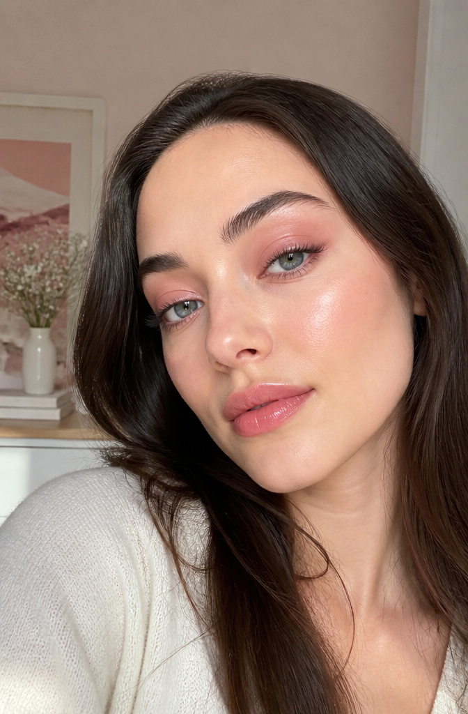 A woman with luminous skin and soft rose eyeshadow.