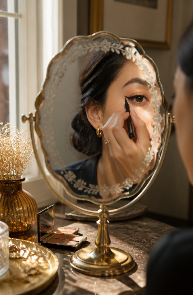 Classic Makeup Ideas: Timeless Looks for 2026 2 Close-up of a hand drawing a cat eye with liquid liner.