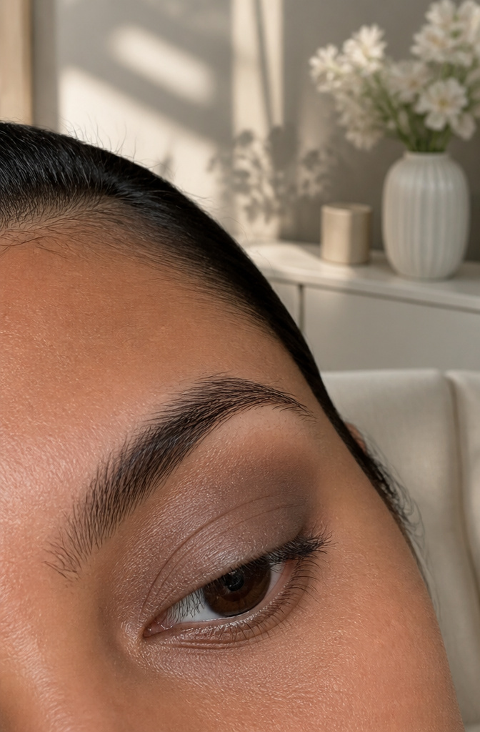 Close-up of a model's eyes with cool taupe eyeshadow.