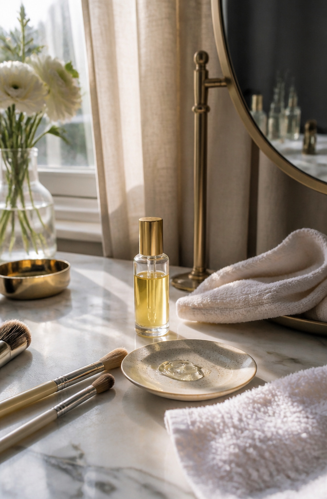 Burt's Bees Repair Serum on a marble countertop with beauty tools.