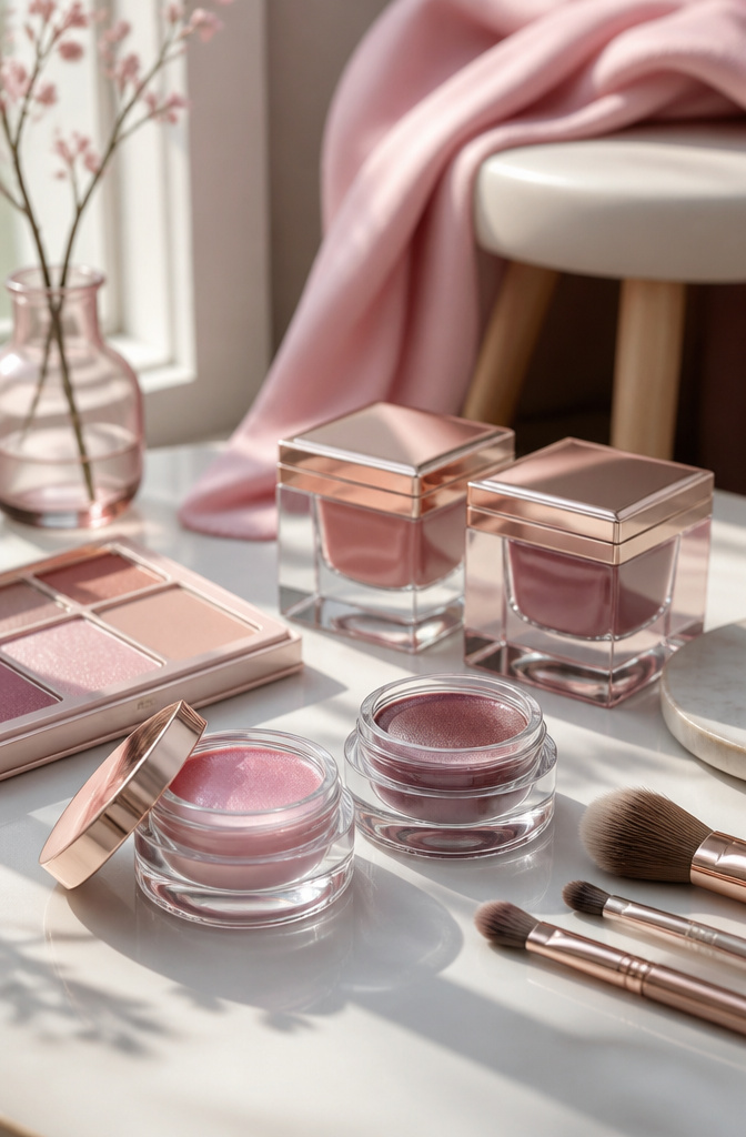 Eye makeup products including Brilliant Eye Brightener™ and two shades displayed.