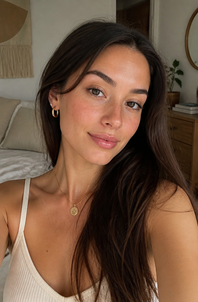 Model with fresh makeup, featuring tinted moisturizer and cream blush.
