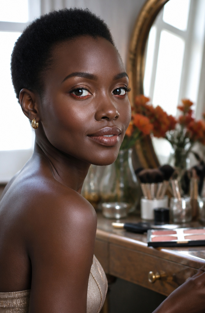 Lupita Nyong'o with shimmery red lower lash liner and bronzy eye makeup.