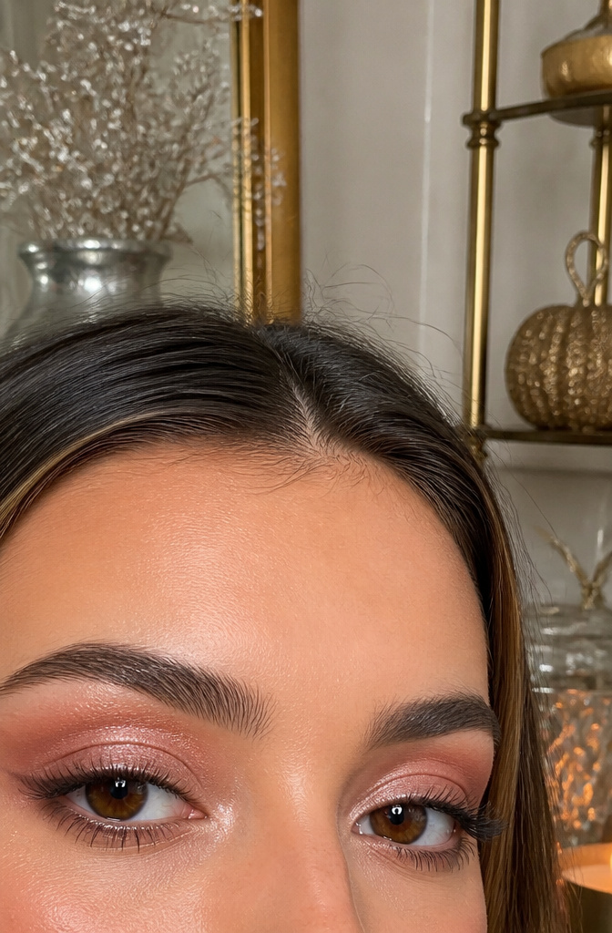 A close-up of a young woman's eyes with soft rose eyeshadow.