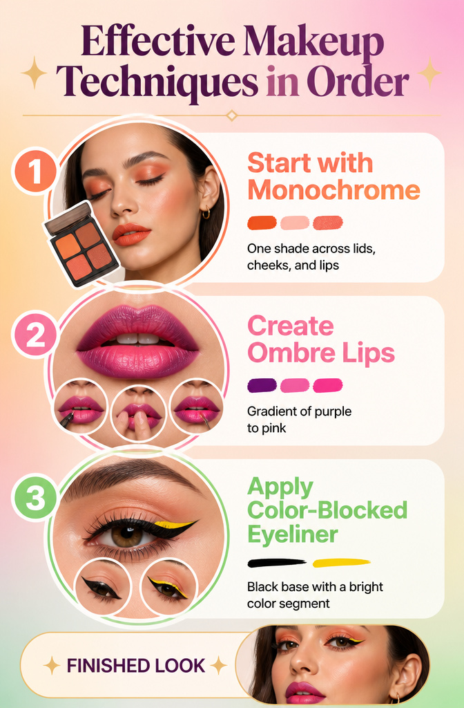 A list of effective makeup techniques for bright colors.