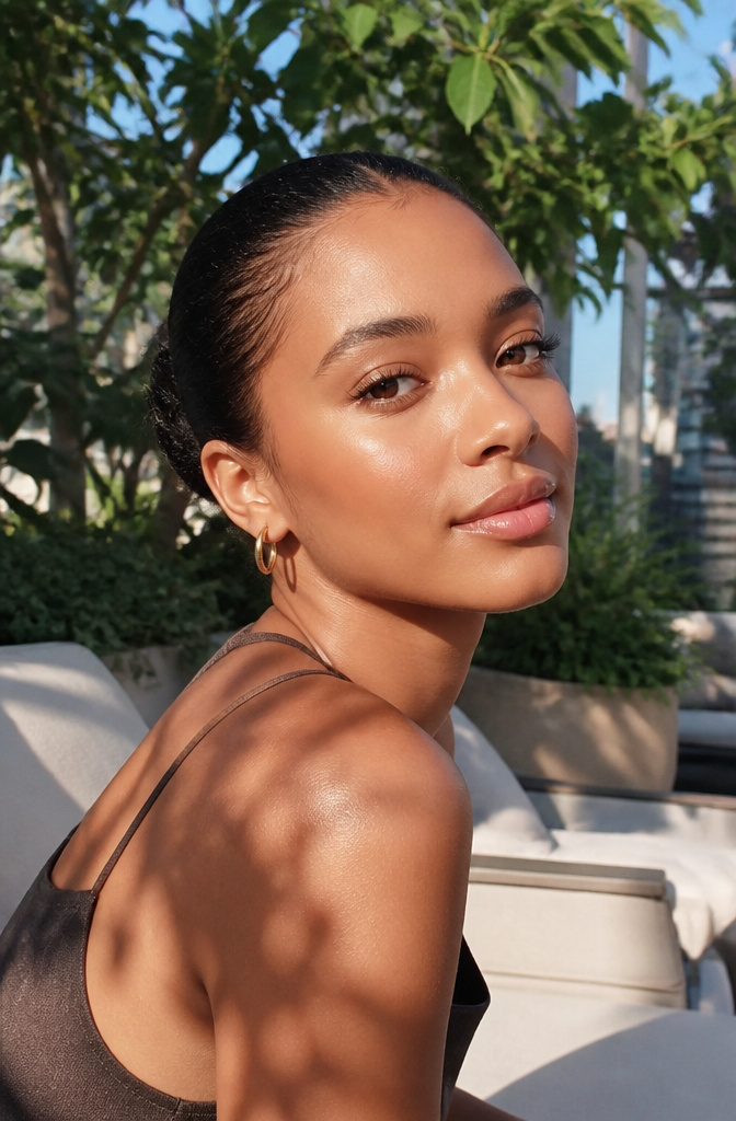 Model showcasing glowing skin in a rooftop garden.