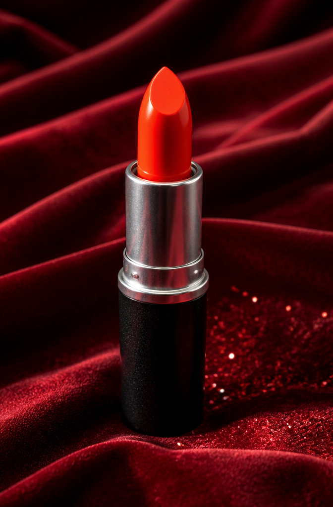 MAC Pro Amplified Crème Lipstick in Neon Orange against a textured background.