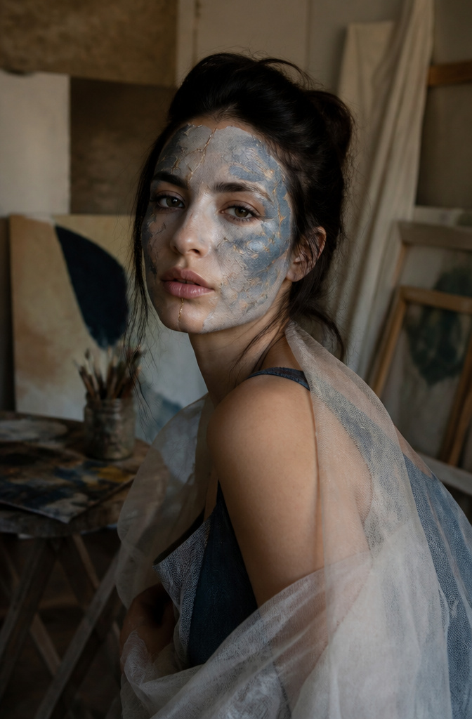 Model with emotive art makeup featuring cracked designs in gray and blue.