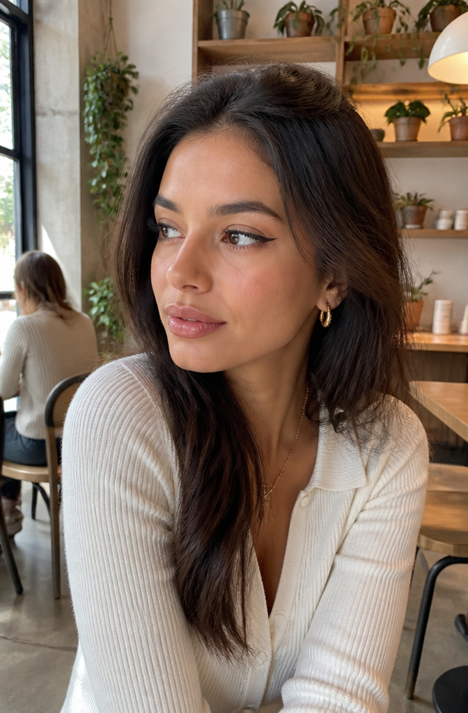 Model showcasing daytime chic makeup with winged eyeliner in a café.