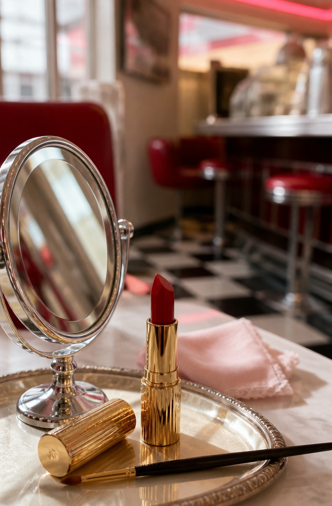 A vintage makeup setup with red lipstick and a retro mirror.