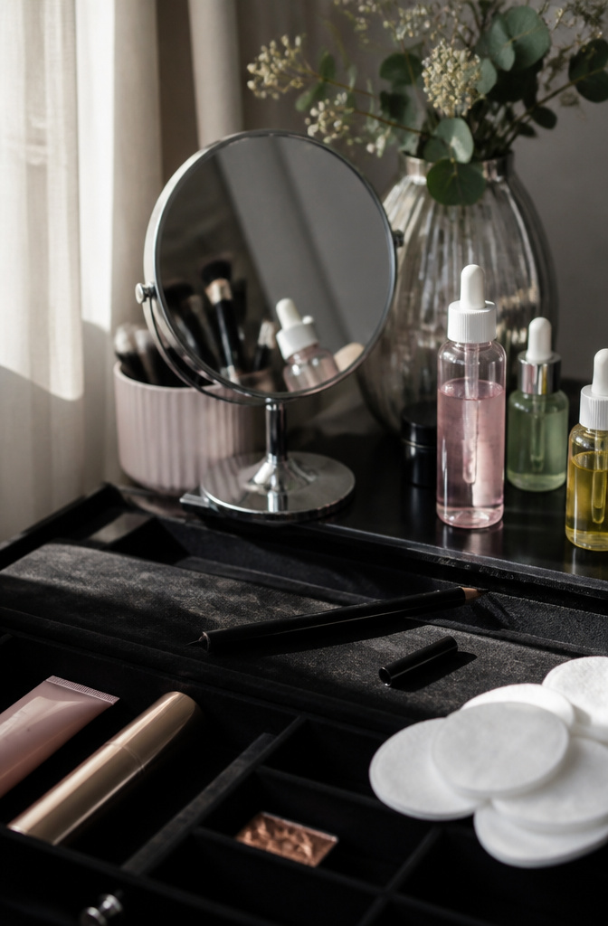 A pencil eyeliner resting on a makeup organizer.